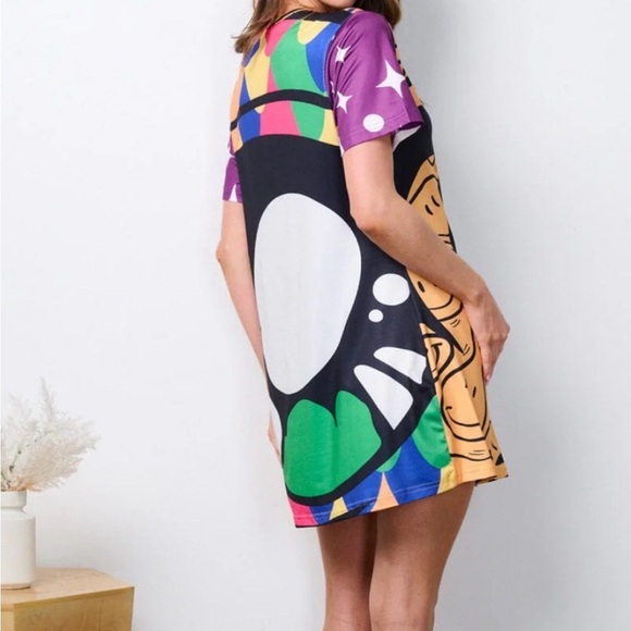 WOMEN'S SHORT SLEEVE TUNIC GRAPHIC MULTI PRINT MINI DRESS - Picture 3 of 3